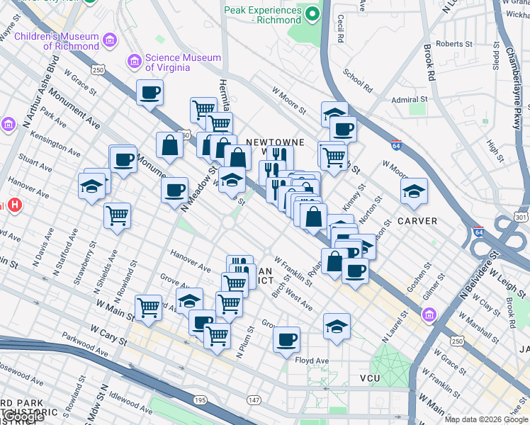 map of restaurants, bars, coffee shops, grocery stores, and more near 1641 West Grace Street in Richmond