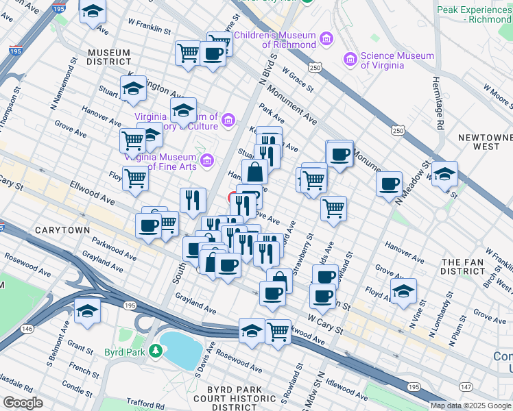 map of restaurants, bars, coffee shops, grocery stores, and more near 2525 Grove Avenue in Richmond