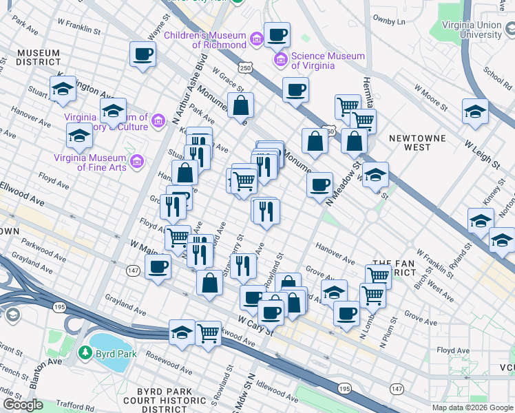 map of restaurants, bars, coffee shops, grocery stores, and more near 2230 Hanover Avenue in Richmond
