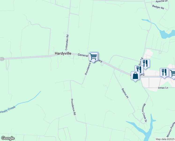 map of restaurants, bars, coffee shops, grocery stores, and more near 111 Providence Road in Deltaville