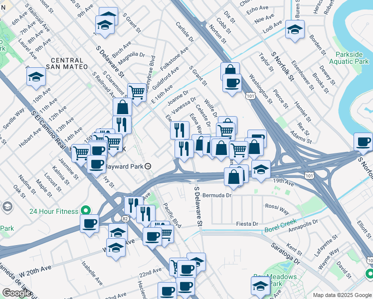map of restaurants, bars, coffee shops, grocery stores, and more near 1801 South Delaware Street in San Mateo