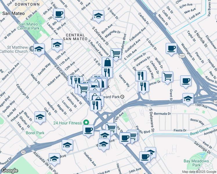 map of restaurants, bars, coffee shops, grocery stores, and more near 140 17th Avenue in San Mateo