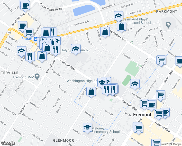 map of restaurants, bars, coffee shops, grocery stores, and more near 3800 Burton Common in Fremont