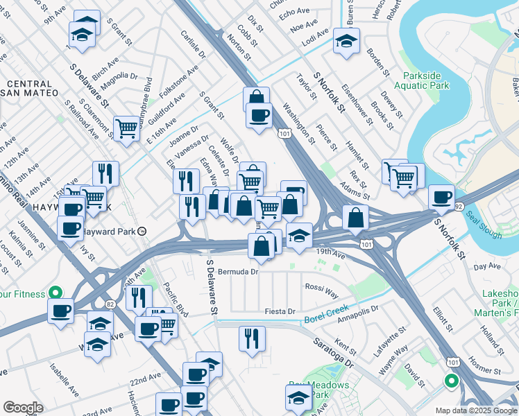 map of restaurants, bars, coffee shops, grocery stores, and more near 2 South Grant Street in San Mateo