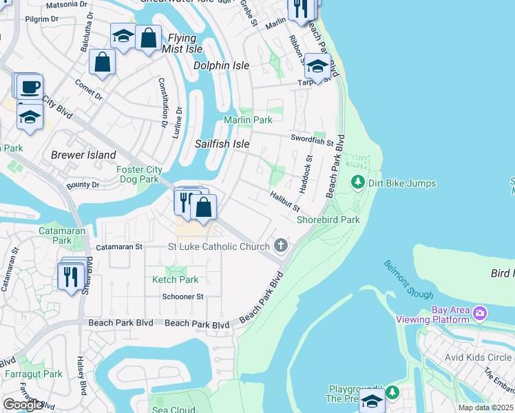 map of restaurants, bars, coffee shops, grocery stores, and more near 360 Grunion Court in Foster City