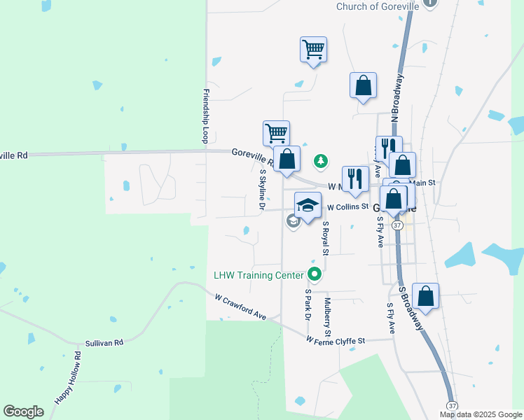 map of restaurants, bars, coffee shops, grocery stores, and more near 199 S Skyline Dr in Goreville