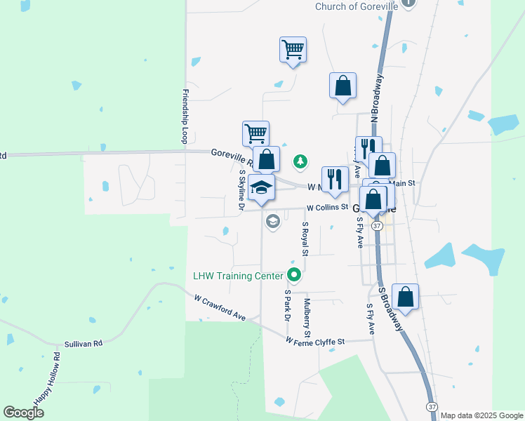 map of restaurants, bars, coffee shops, grocery stores, and more near 201 South Ferne Clyffe Road in Goreville