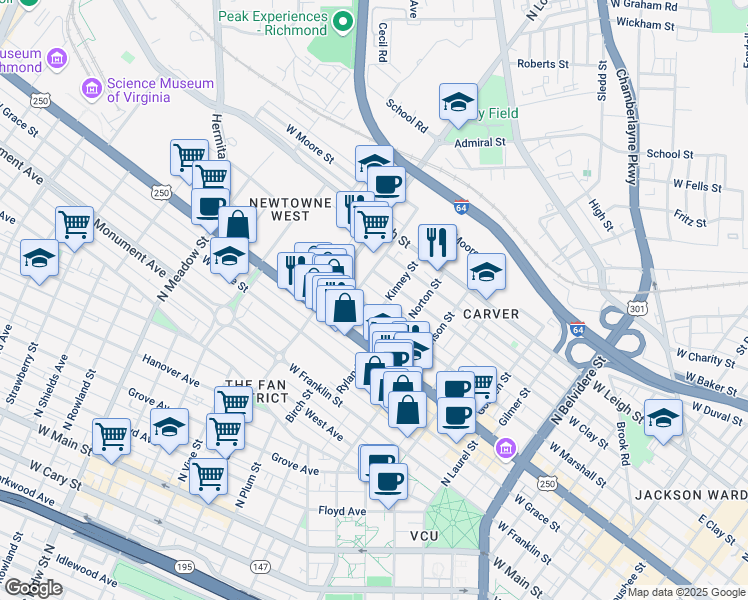 map of restaurants, bars, coffee shops, grocery stores, and more near 1414 West Marshall Street in Richmond