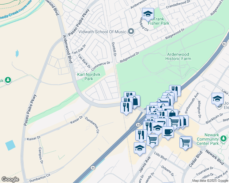 map of restaurants, bars, coffee shops, grocery stores, and more near 5981 Show Terrace in Fremont