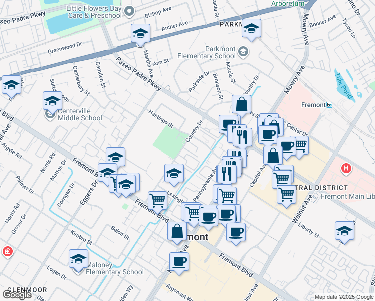 map of restaurants, bars, coffee shops, grocery stores, and more near 3330 Country Drive in Fremont