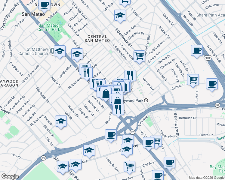map of restaurants, bars, coffee shops, grocery stores, and more near 29 16th Avenue in San Mateo