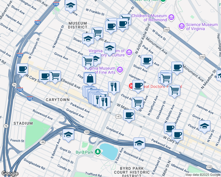 map of restaurants, bars, coffee shops, grocery stores, and more near 2822 Floyd Avenue in Richmond