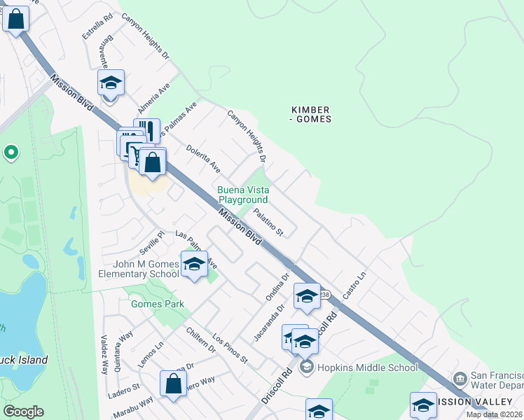 map of restaurants, bars, coffee shops, grocery stores, and more near 40686 Palatino Street in Fremont
