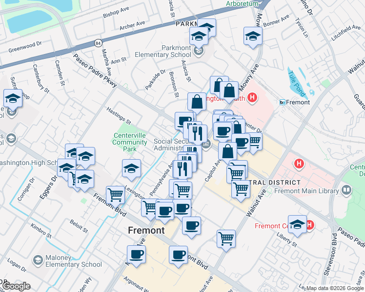 map of restaurants, bars, coffee shops, grocery stores, and more near 38800 Hastings Street in Fremont