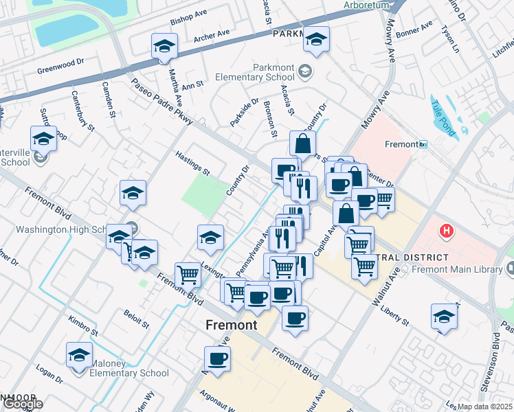 map of restaurants, bars, coffee shops, grocery stores, and more near 3330 Country Drive in Fremont