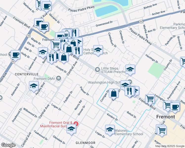 map of restaurants, bars, coffee shops, grocery stores, and more near 4093 Abbey Terrace in Fremont