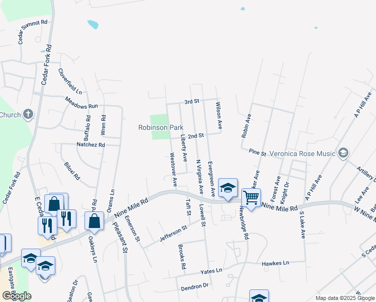 map of restaurants, bars, coffee shops, grocery stores, and more near 113 Liberty Avenue in Richmond