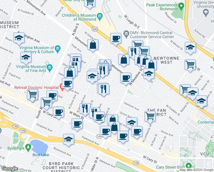 map of restaurants, bars, coffee shops, grocery stores, and more near 315 North Shields Avenue in Richmond