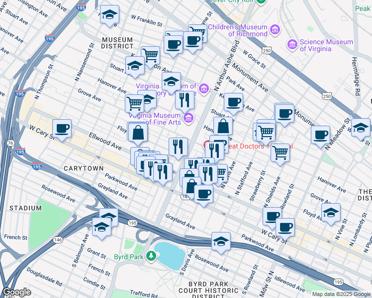 map of restaurants, bars, coffee shops, grocery stores, and more near 102 Virginia 161 in Richmond