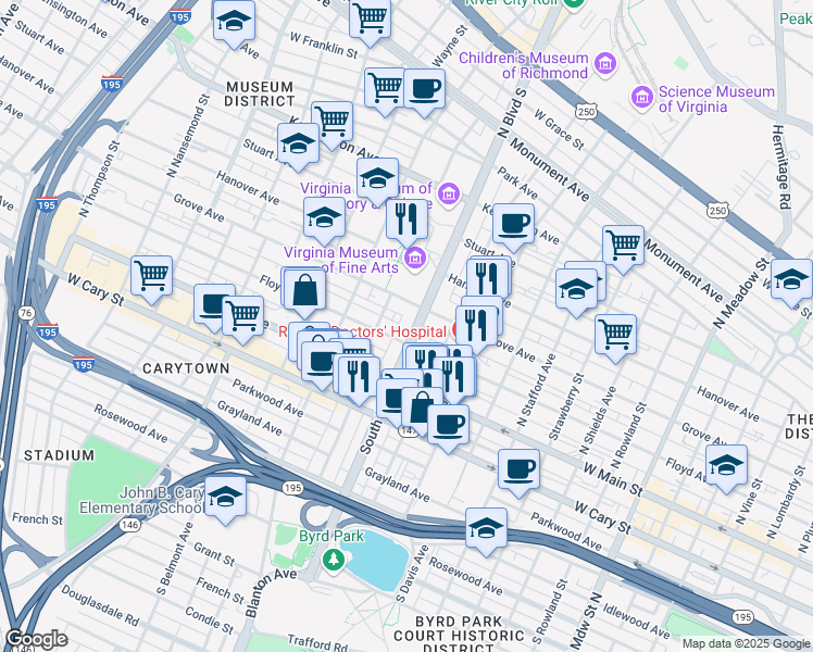 map of restaurants, bars, coffee shops, grocery stores, and more near 102 Virginia 161 in Richmond