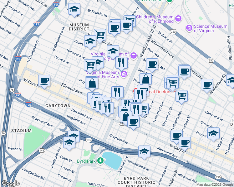 map of restaurants, bars, coffee shops, grocery stores, and more near 102 Virginia 161 in Richmond