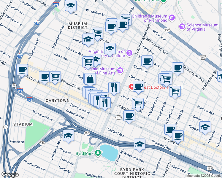 map of restaurants, bars, coffee shops, grocery stores, and more near 2821 Floyd Avenue in Richmond