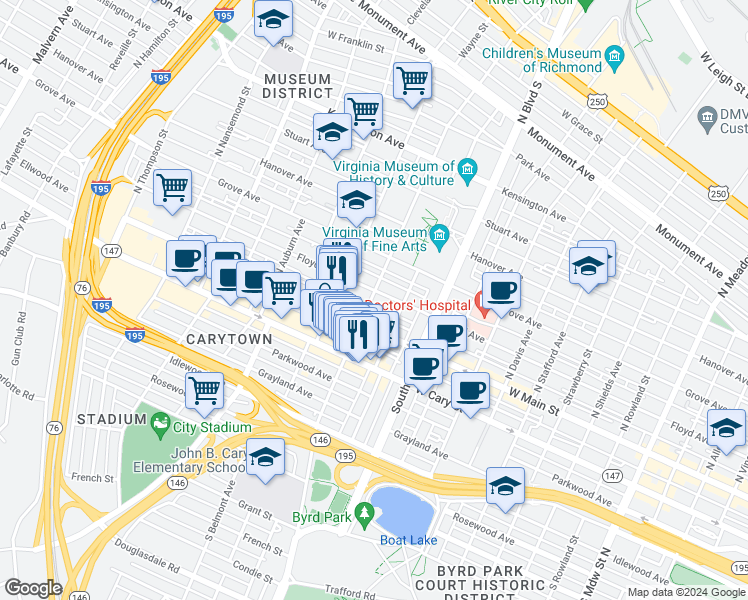 map of restaurants, bars, coffee shops, grocery stores, and more near 12 North Sheppard Street in Richmond