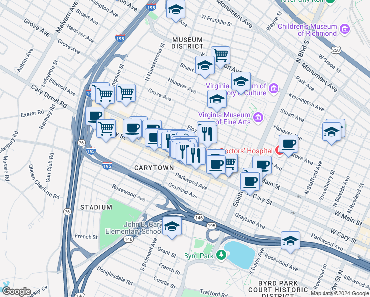 map of restaurants, bars, coffee shops, grocery stores, and more near 3141 Ellwood Avenue in Richmond