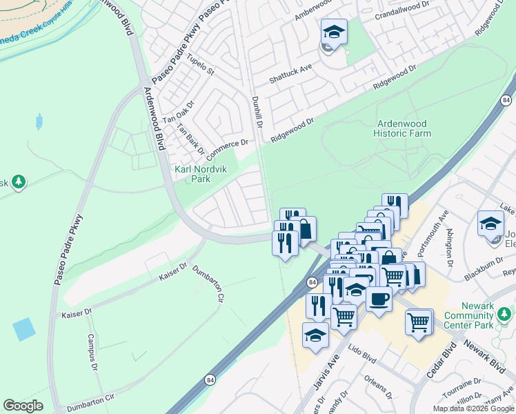 map of restaurants, bars, coffee shops, grocery stores, and more near 5981 Show Terrace in Fremont