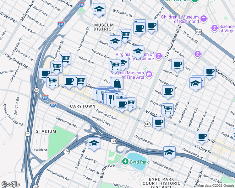 map of restaurants, bars, coffee shops, grocery stores, and more near 15 North Belmont Avenue in Richmond
