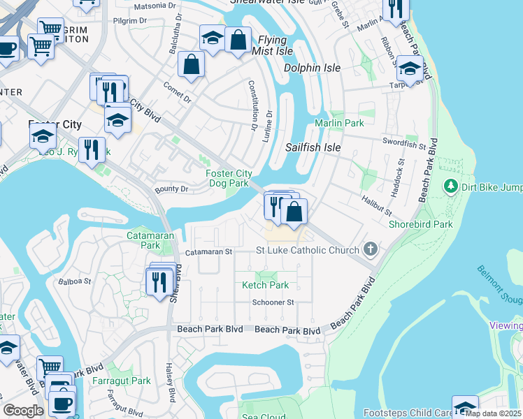 map of restaurants, bars, coffee shops, grocery stores, and more near 739 Catamaran Street in Foster City