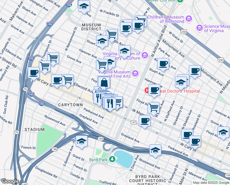 map of restaurants, bars, coffee shops, grocery stores, and more near 12 North Sheppard Street in Richmond