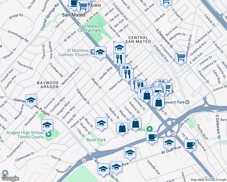 map of restaurants, bars, coffee shops, grocery stores, and more near 115 Hobart Avenue in San Mateo