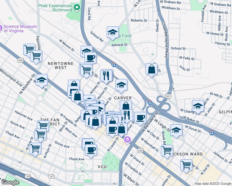 map of restaurants, bars, coffee shops, grocery stores, and more near 1115 W Leigh St in Richmond