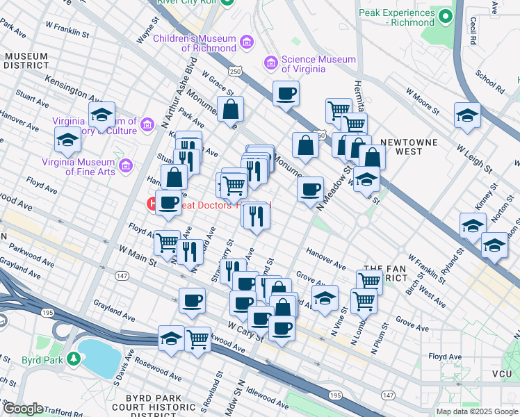 map of restaurants, bars, coffee shops, grocery stores, and more near 2211 Stuart Avenue in Richmond