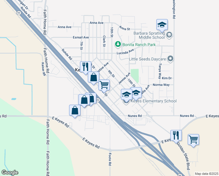 map of restaurants, bars, coffee shops, grocery stores, and more near 5575 8th Street in Keyes