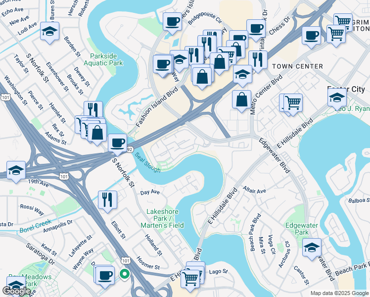 map of restaurants, bars, coffee shops, grocery stores, and more near Marina Vista in San Mateo