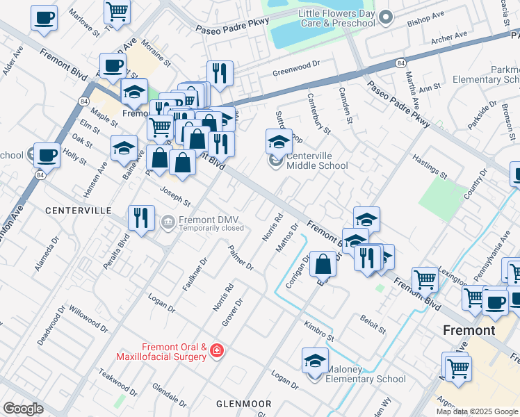 map of restaurants, bars, coffee shops, grocery stores, and more near 4064 Abbey Terrace in Fremont