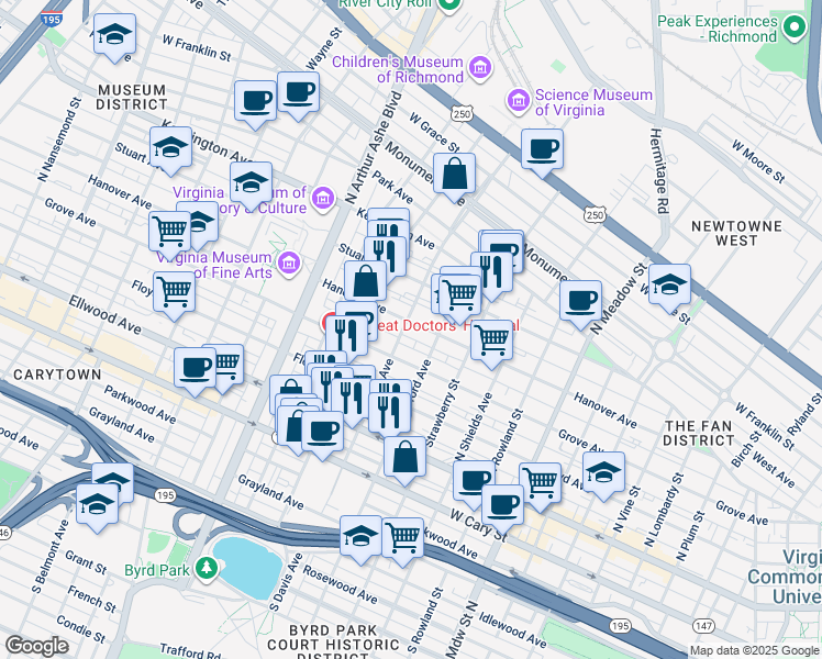 map of restaurants, bars, coffee shops, grocery stores, and more near 2425 Hanover Avenue in Richmond