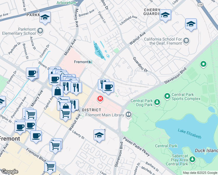 map of restaurants, bars, coffee shops, grocery stores, and more near 39440 Civic Center Drive in Fremont