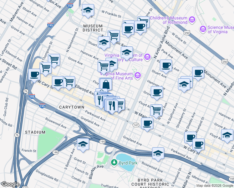 map of restaurants, bars, coffee shops, grocery stores, and more near 2923 Floyd Avenue in Richmond