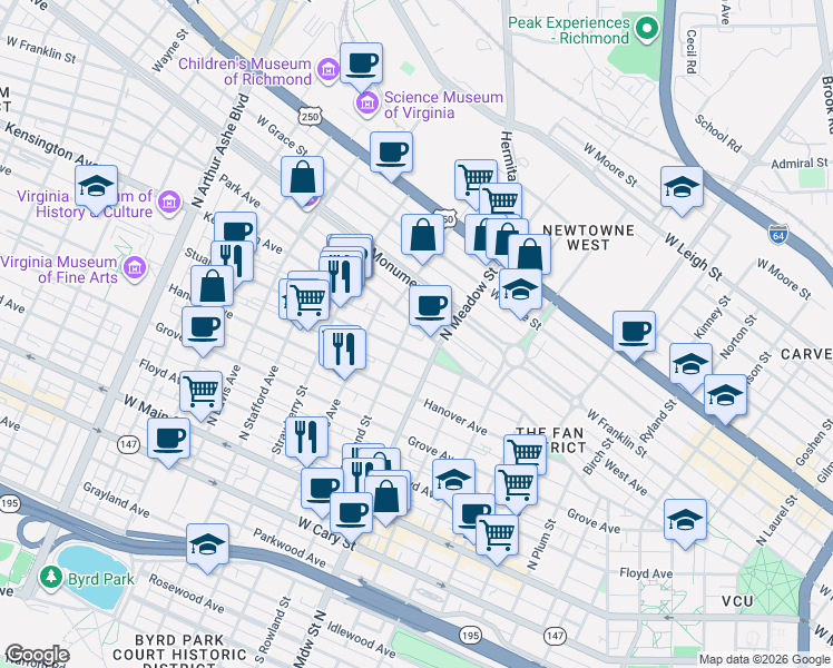 map of restaurants, bars, coffee shops, grocery stores, and more near 2023 Stuart Avenue in Richmond