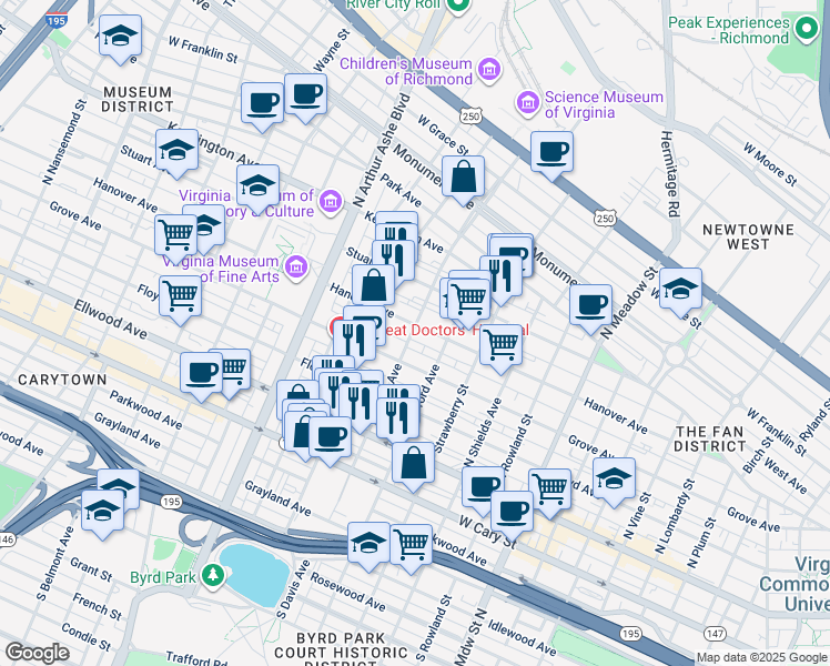 map of restaurants, bars, coffee shops, grocery stores, and more near 2422 Grove Avenue in Richmond