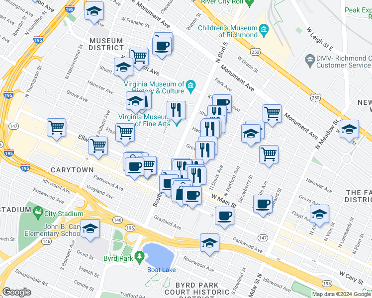 map of restaurants, bars, coffee shops, grocery stores, and more near 110 North Mulberry Street in Richmond