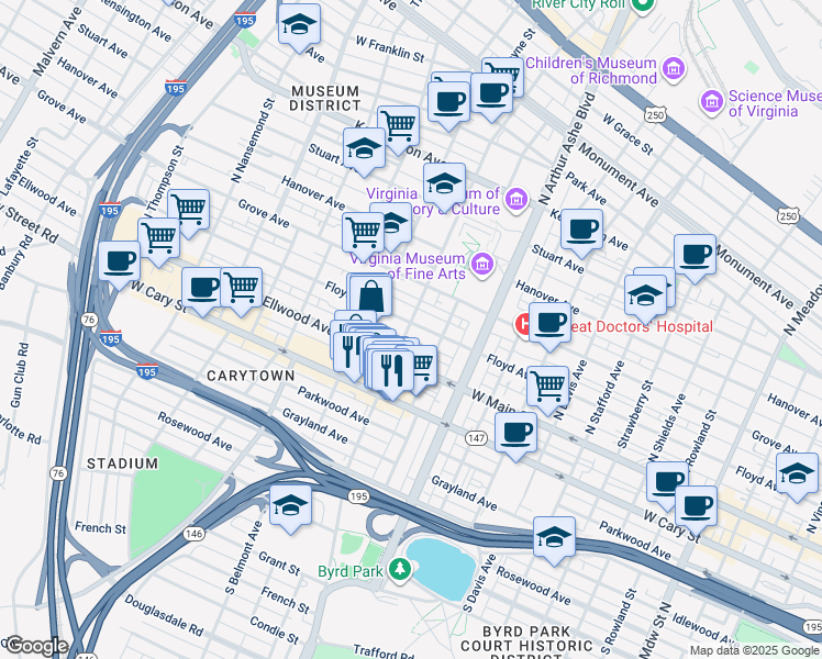 map of restaurants, bars, coffee shops, grocery stores, and more near 2923 Floyd Avenue in Richmond