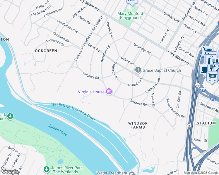 map of restaurants, bars, coffee shops, grocery stores, and more near 4301 Sulgrave Road in Richmond