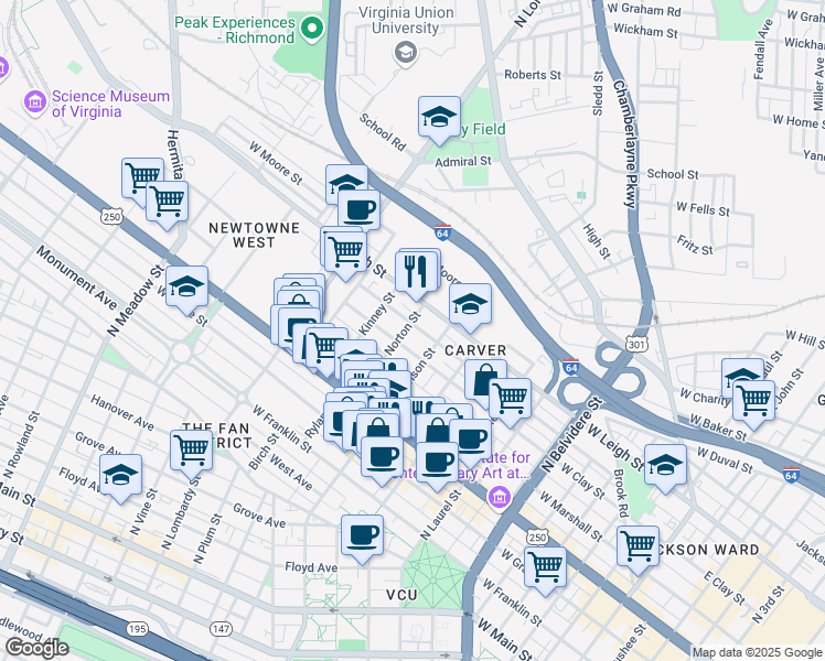 map of restaurants, bars, coffee shops, grocery stores, and more near 817 Norton Street in Richmond