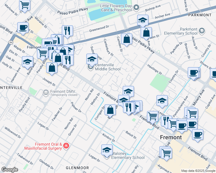 map of restaurants, bars, coffee shops, grocery stores, and more near 3810 Burton Common in Fremont