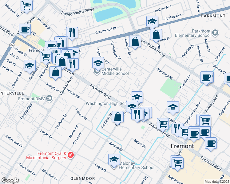 map of restaurants, bars, coffee shops, grocery stores, and more near 3810 Burton Common in Fremont