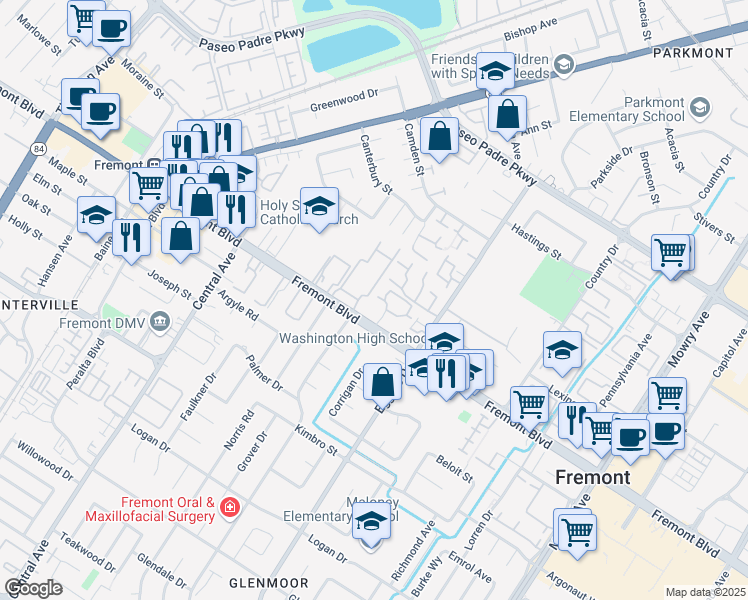 map of restaurants, bars, coffee shops, grocery stores, and more near 3810 Burton Common in Fremont